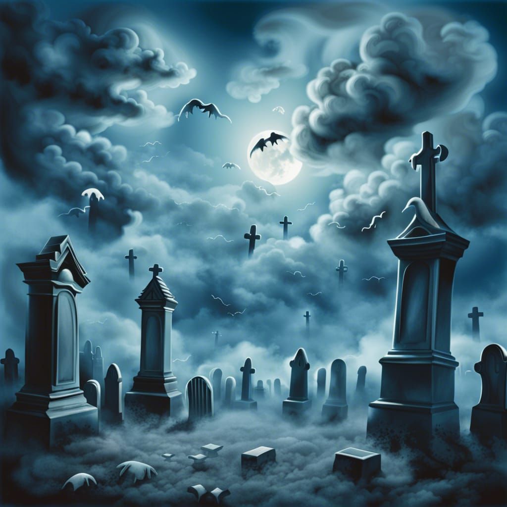 Eerie Graveyard: Ghostly Clouds in Moonlight