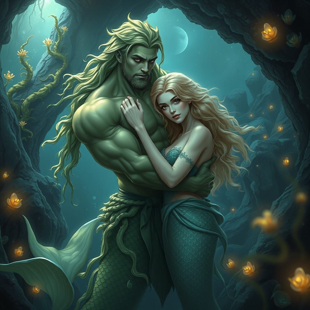 Merman and Woman Embrace in Bioluminescent Grotto