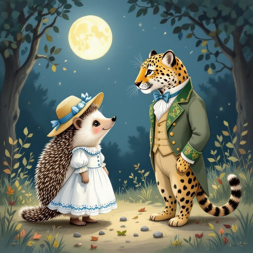 Beatrix Potter Style Hedgehog Meets Leopard in Moonlit Clear...