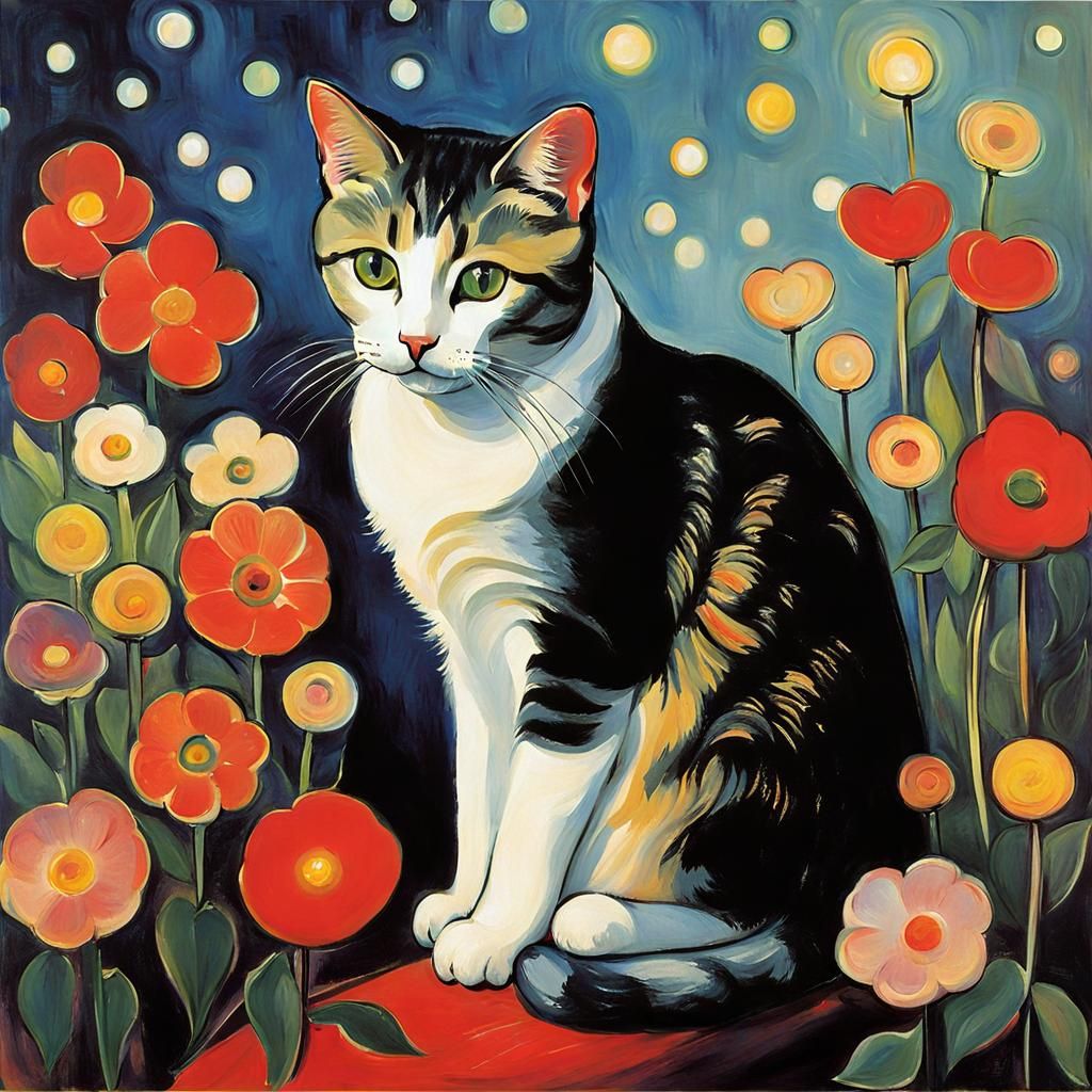 Cat Surrounded by Flowers in Expressionist Style