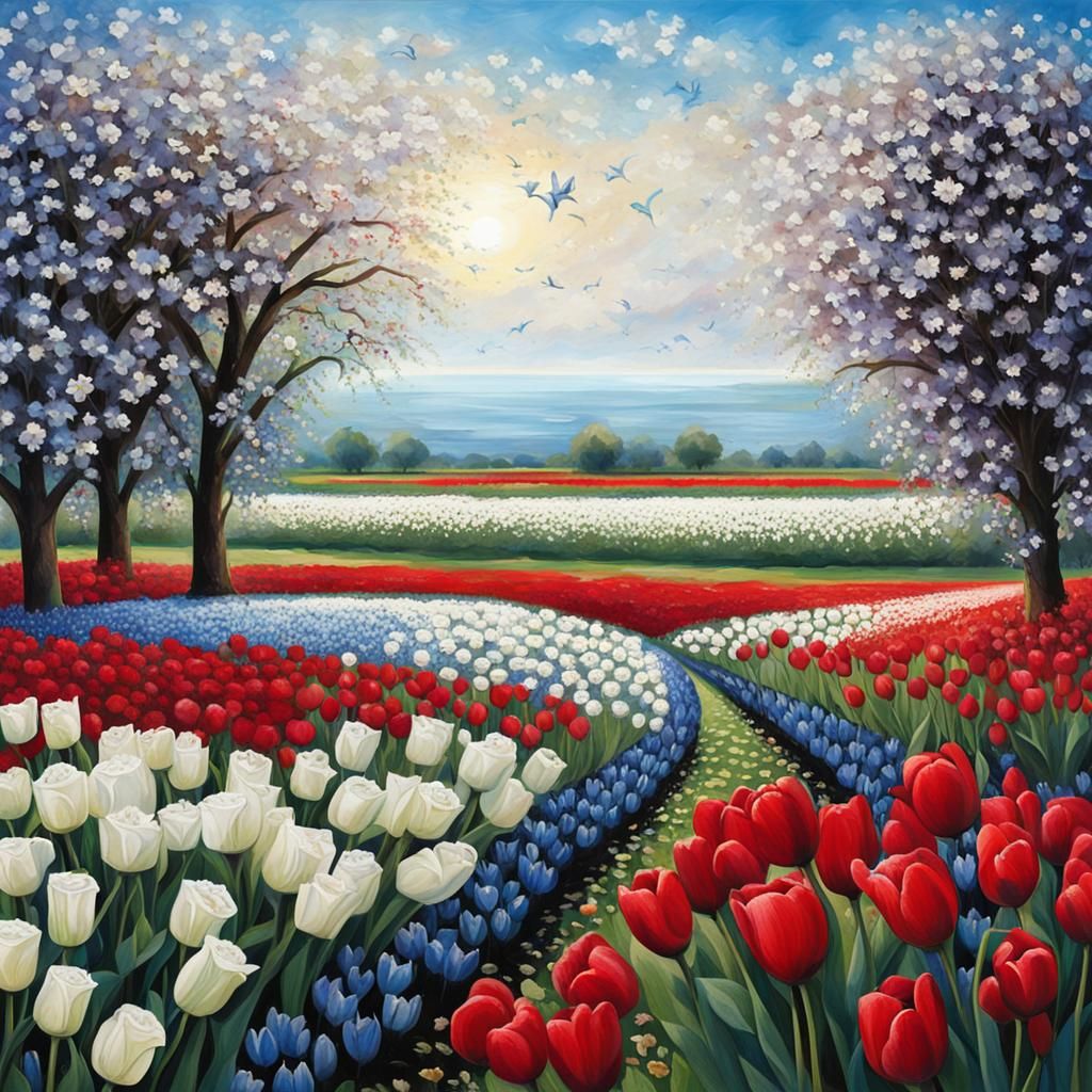Blooming Flower Field with Tulips and Roses