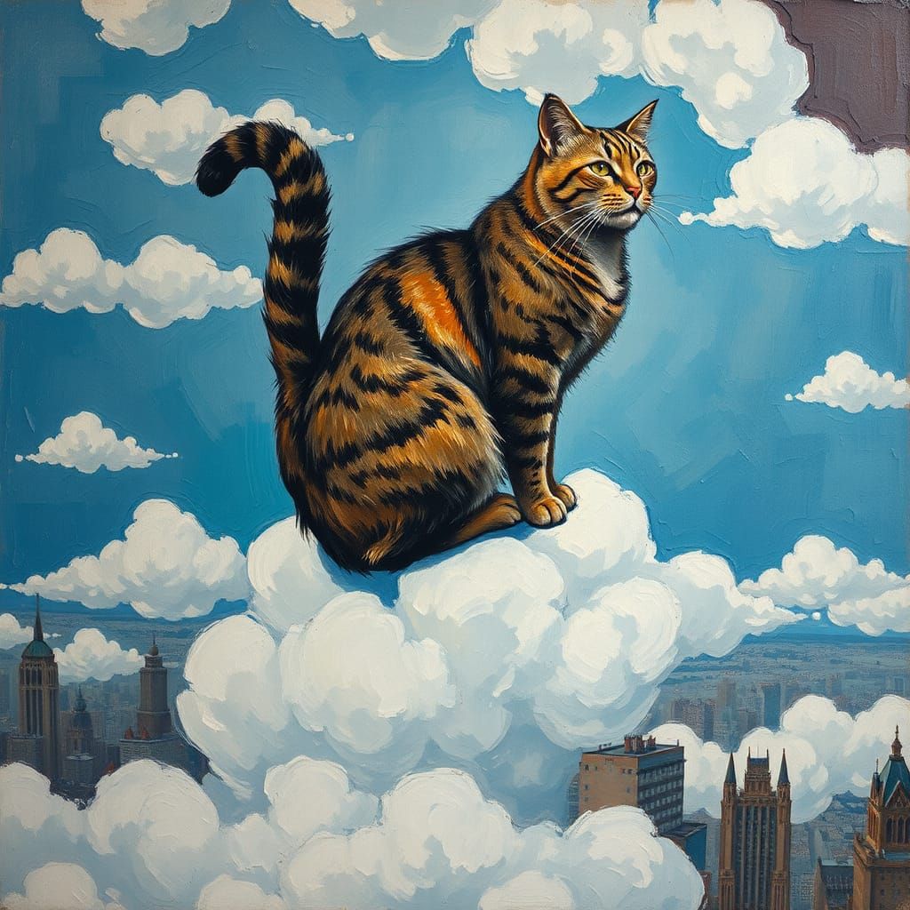 Tabby Cat Above Cityscape in Expressionist Style