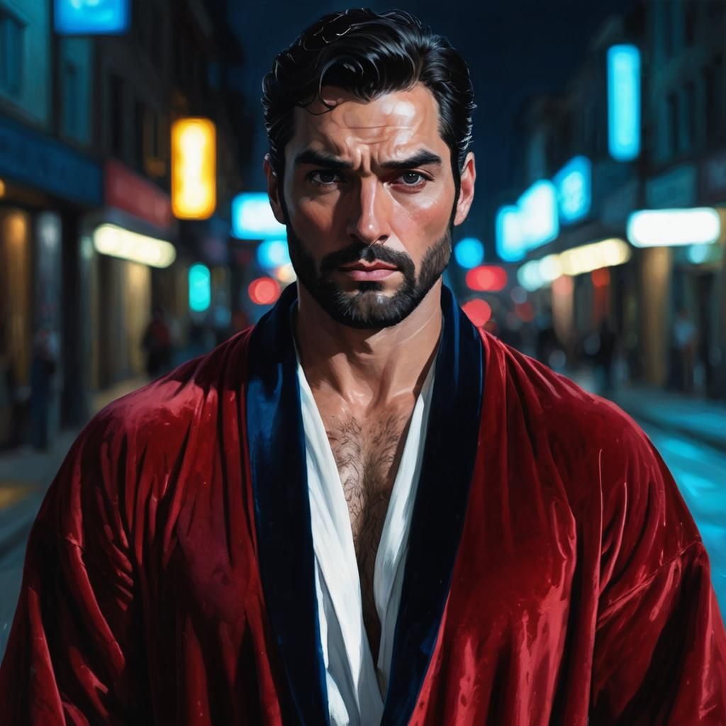 Handsome Man in Red Bathrobe: Impressionist Oil Painting