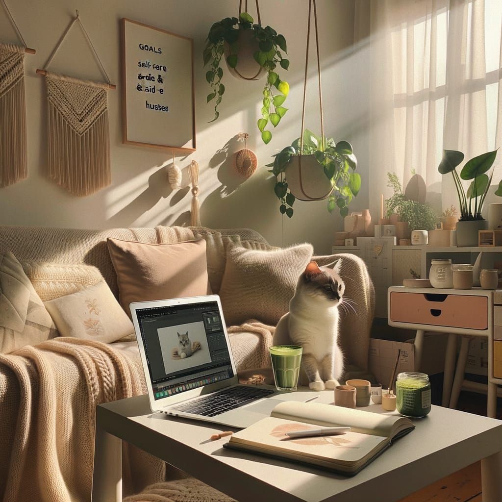 Cat Working on Laptop in Cozy Apartment