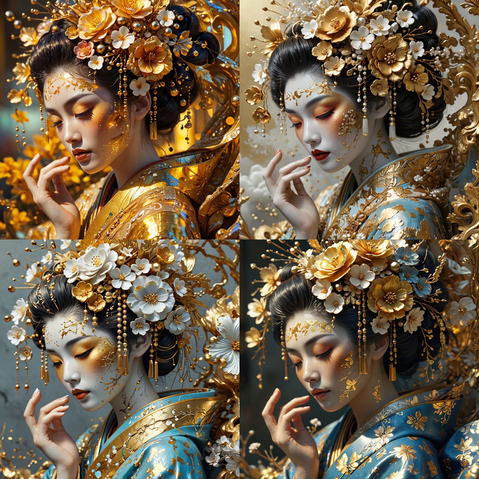 Stunning Geisha Portrait in Vibrant Gold and Pastel Hues