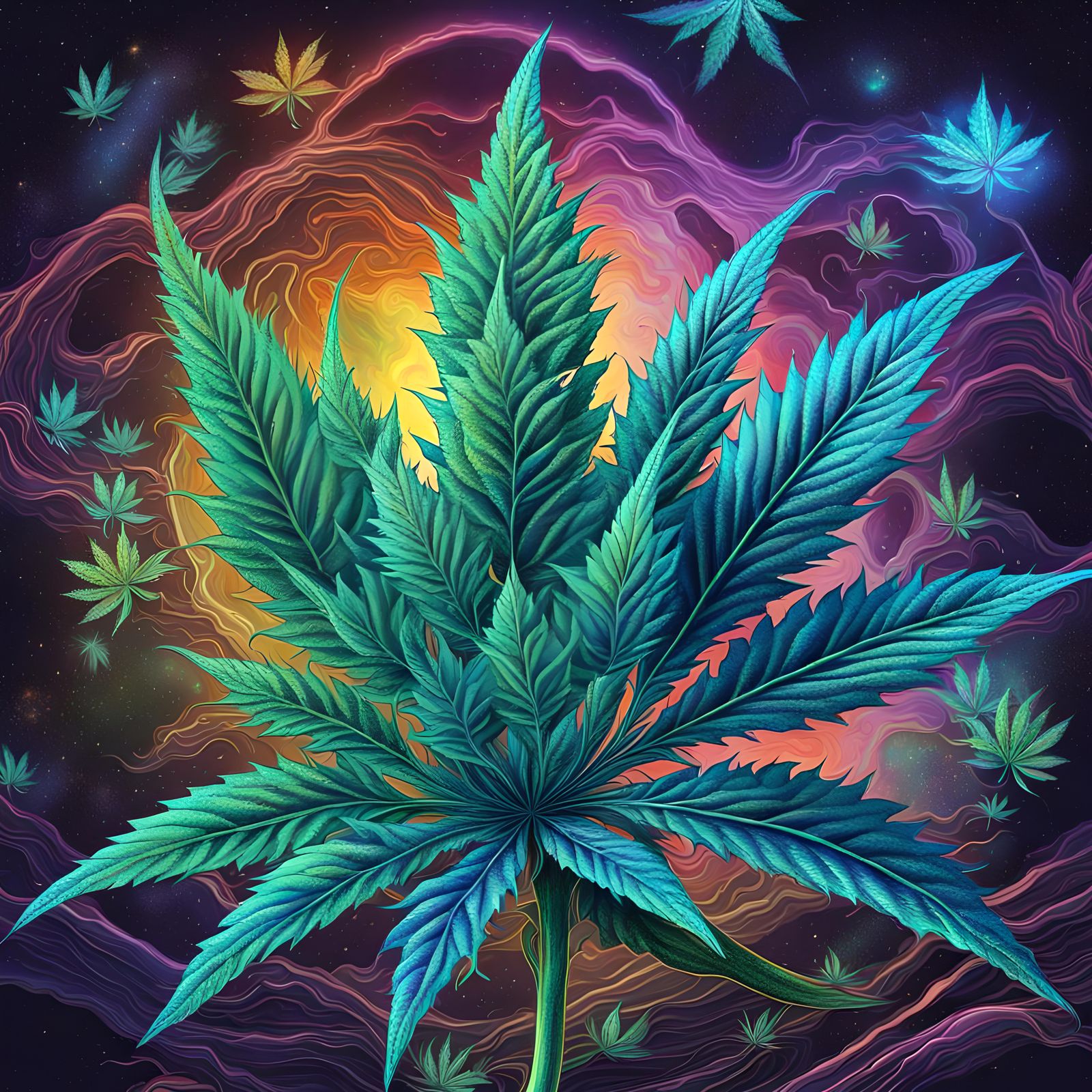 Cosmic Holographic Marijuana Plant Illustration