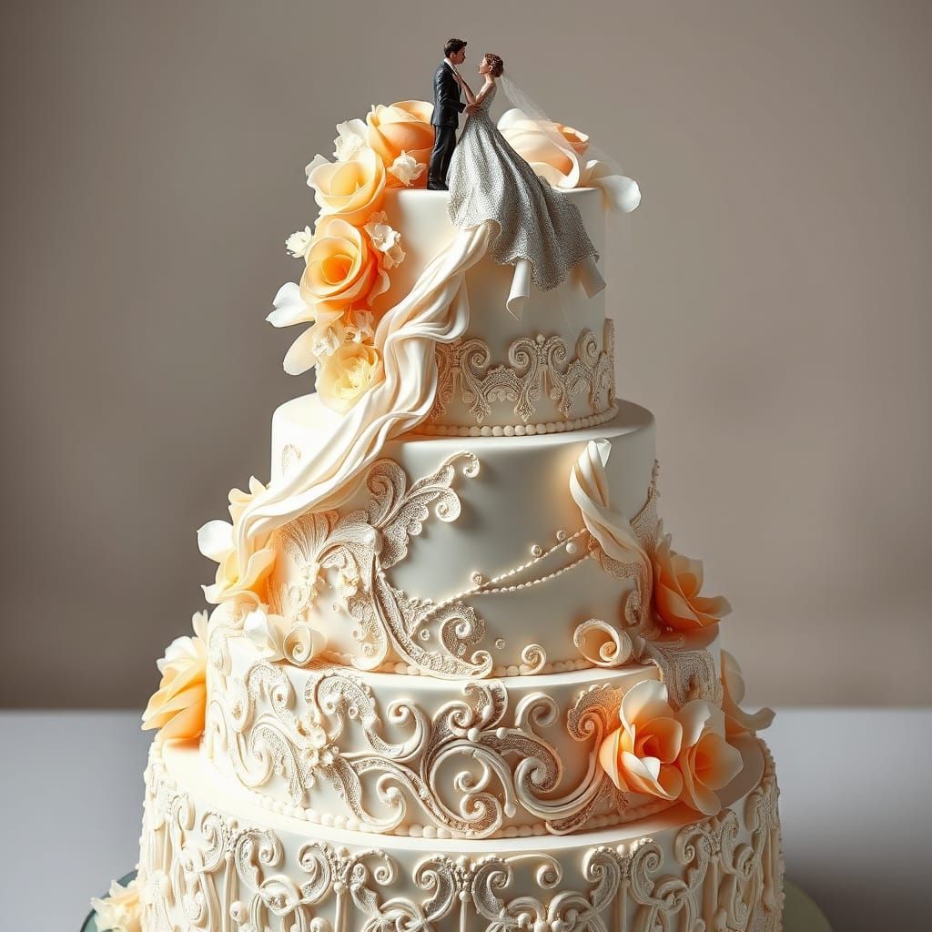 Dramatic 6-Tier Cake with Filigree, Peaches & Flowers