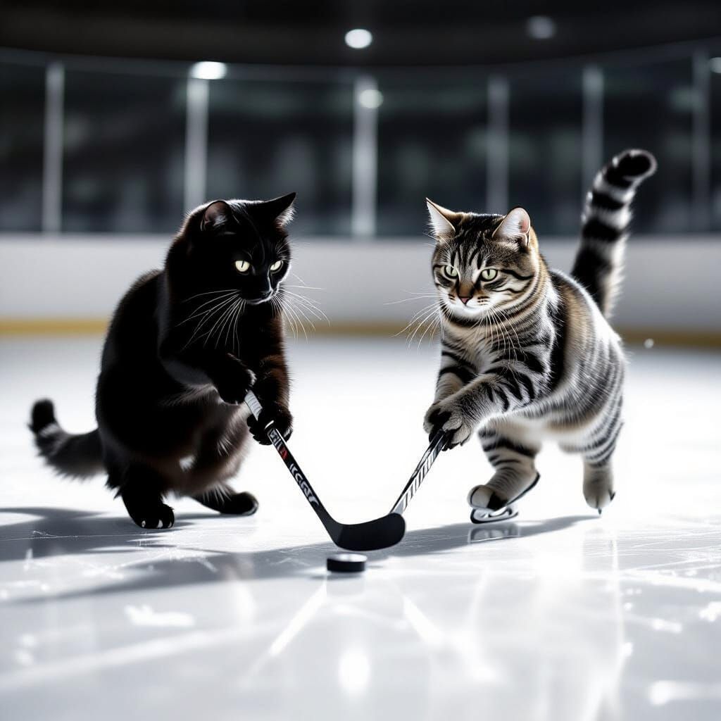 Cats Play Hockey in Vintage Black and White Style