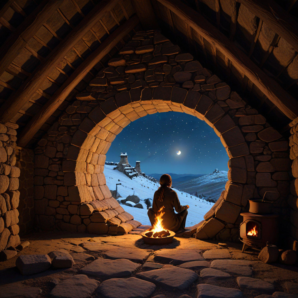 Cozy Cabin Scene with Magical Woman by Stone Fireplace