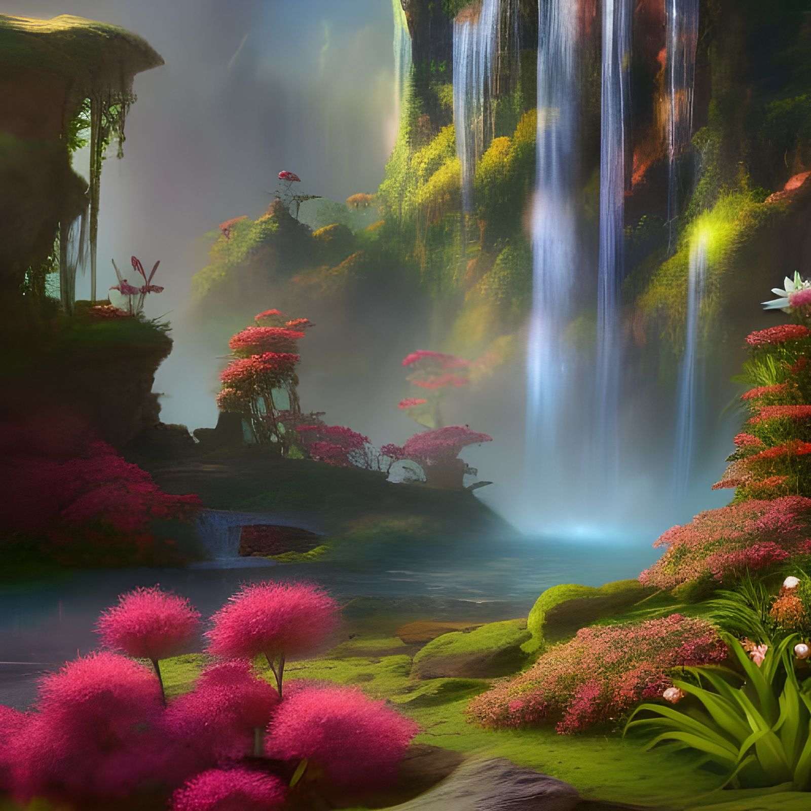 Lush Waterfall: Detailed Matte Painting in Fantasy Style