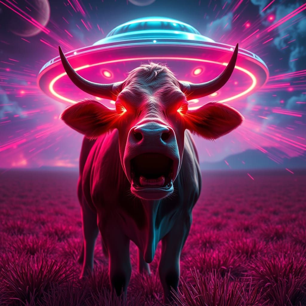 Cow Screaming at UFO in Glitchcore Manga Style