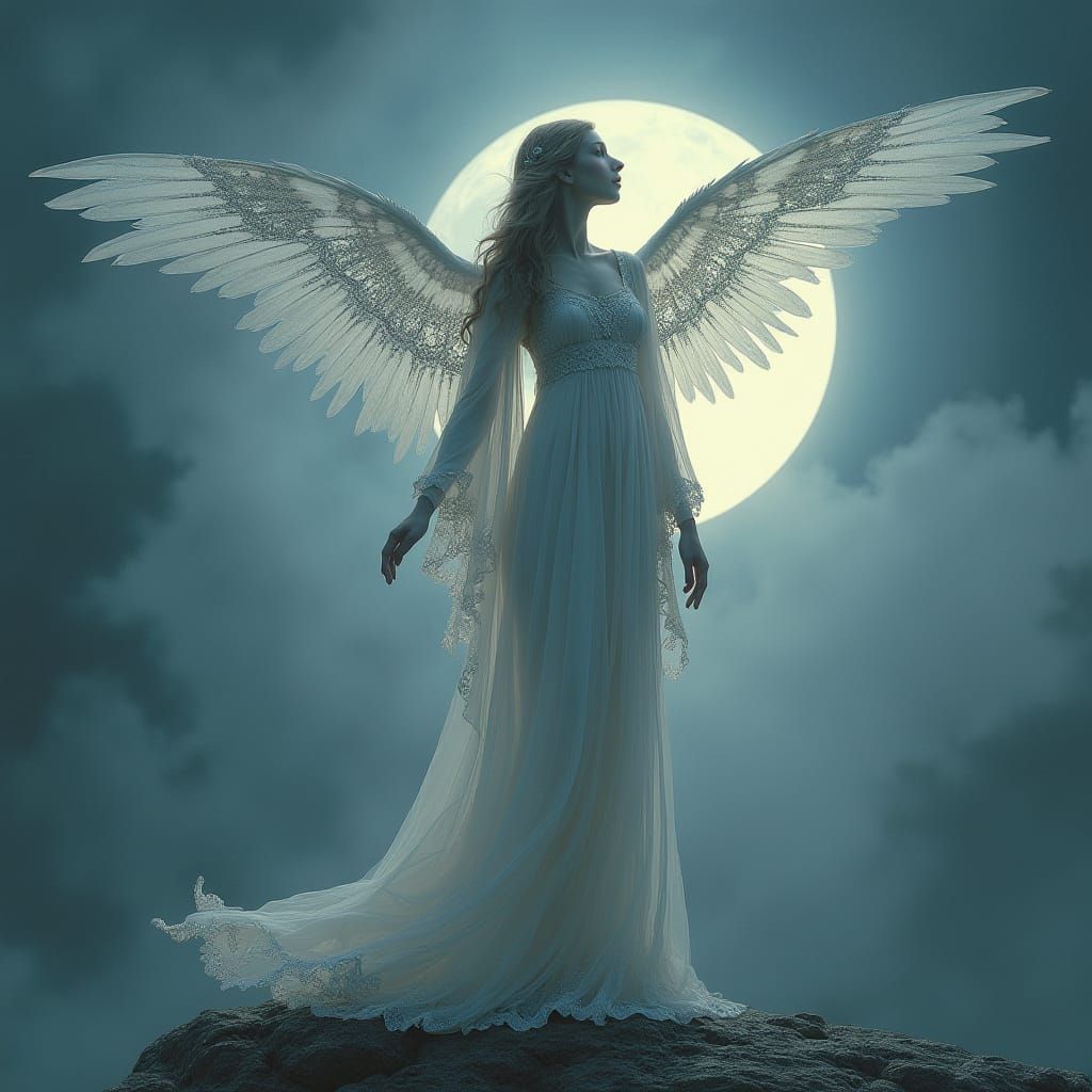 Serene Moonlit Guardian Angel in Ethereal Robes