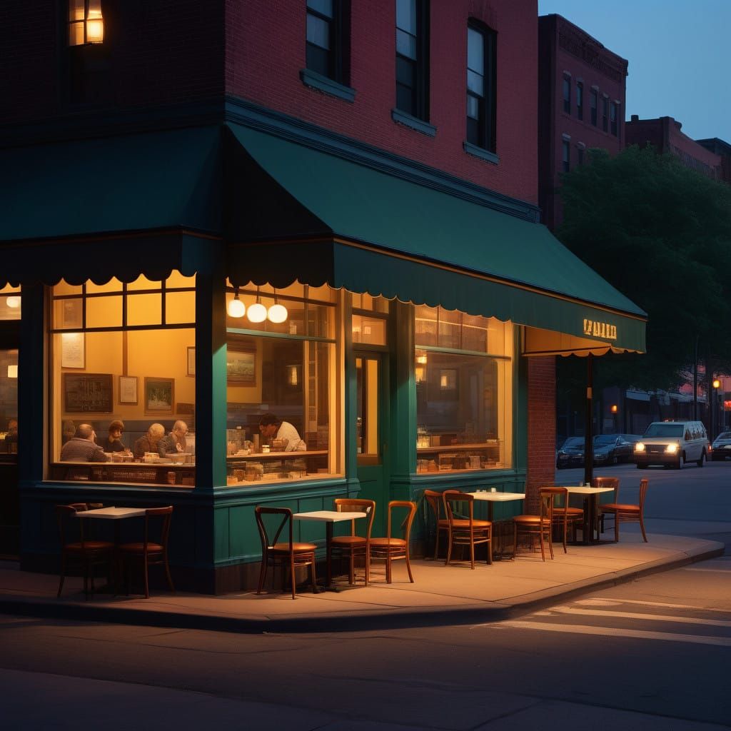 Intimate Cafe at Dusk in Edward Hopper Style