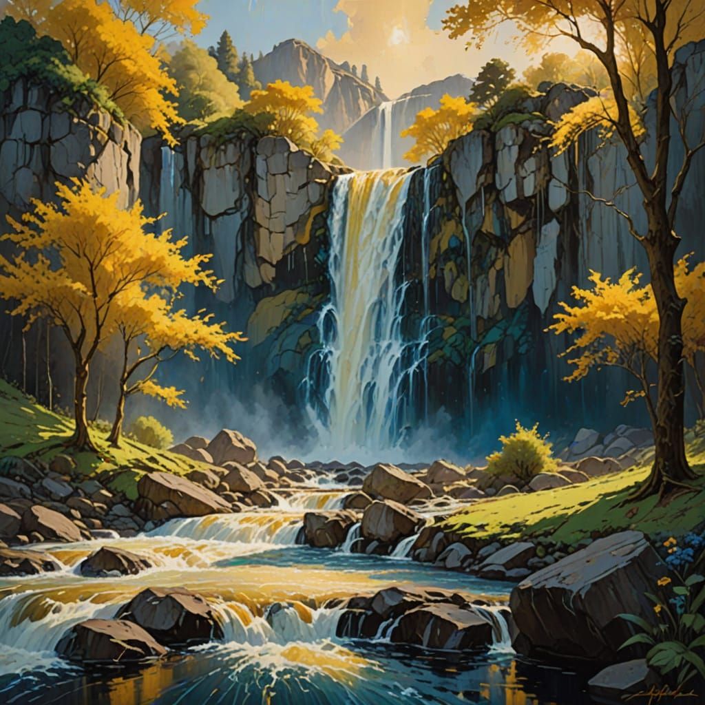Waterfall Cascade Landscape in Impressionist Oil Painting St...