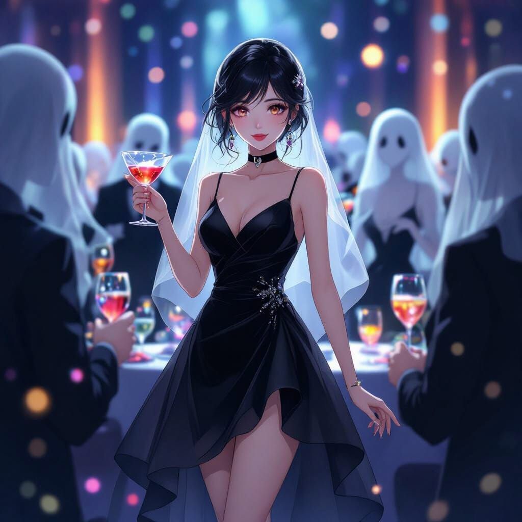 Ethereal Ghost Woman at New Year's Ball in Anime Style