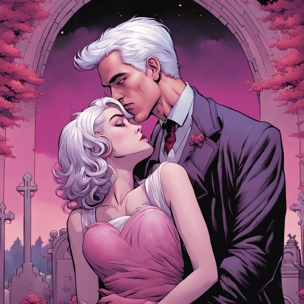Pink Haired Woman and White Haired Man Kissing