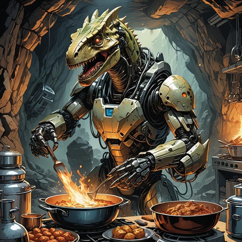 Robotic Man Cooking with Dinosaur, Comic Book Art