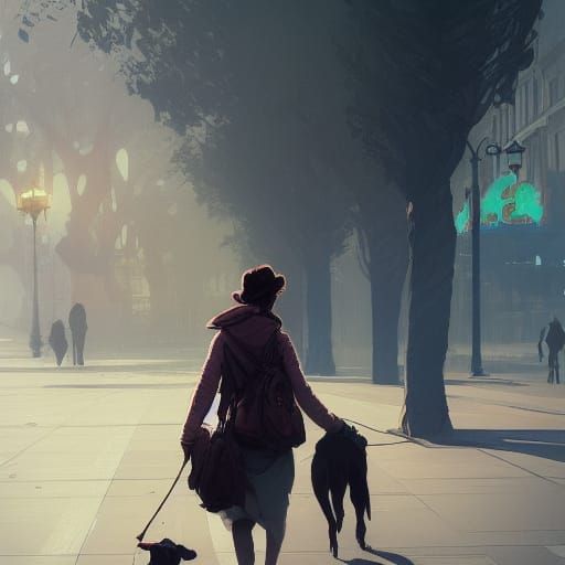 Woman and Dog Travel: Hyperdetailed Concept Art