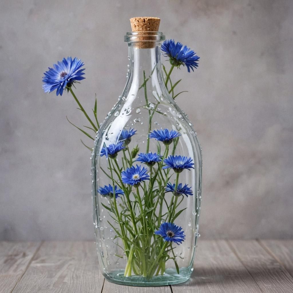 Cornflowers in Glass Bottle with Water Droplets