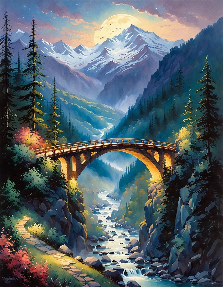 Moonlit Bridge Over Valley in Watercolor Style