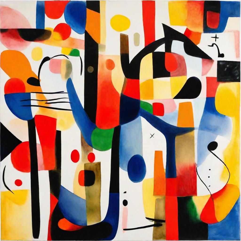 Cubist Cat Watercolor Painting in Joan Miro Style