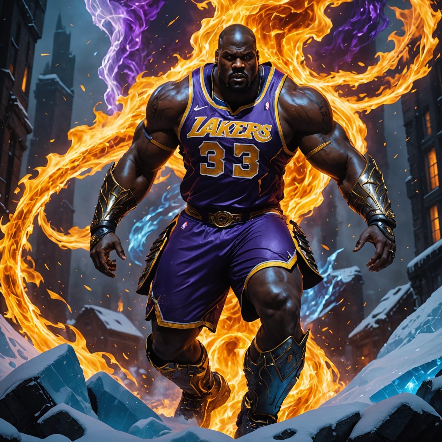 Dark Fantasy Shaquille O'Neal in Fiery, Ice-Crusted Splendor
