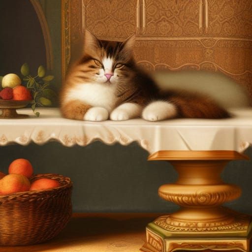 Fluffy Cat Sleeping Among Fruits in Renaissance Style