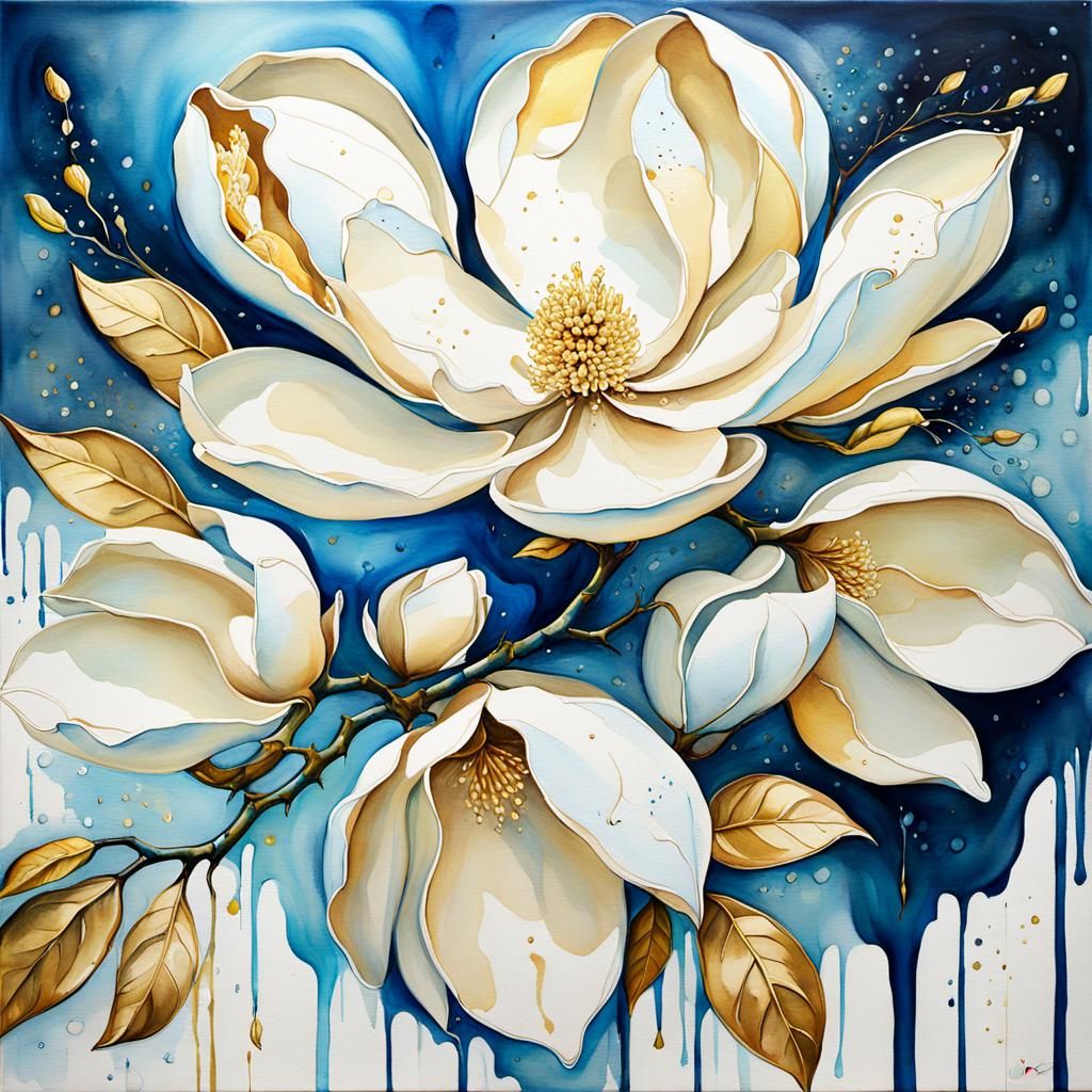 Watercolor Magnolia Flower with Gold Accents