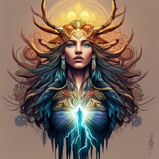 Cybernetic Aztec Goddess of Lightning: Digital Art