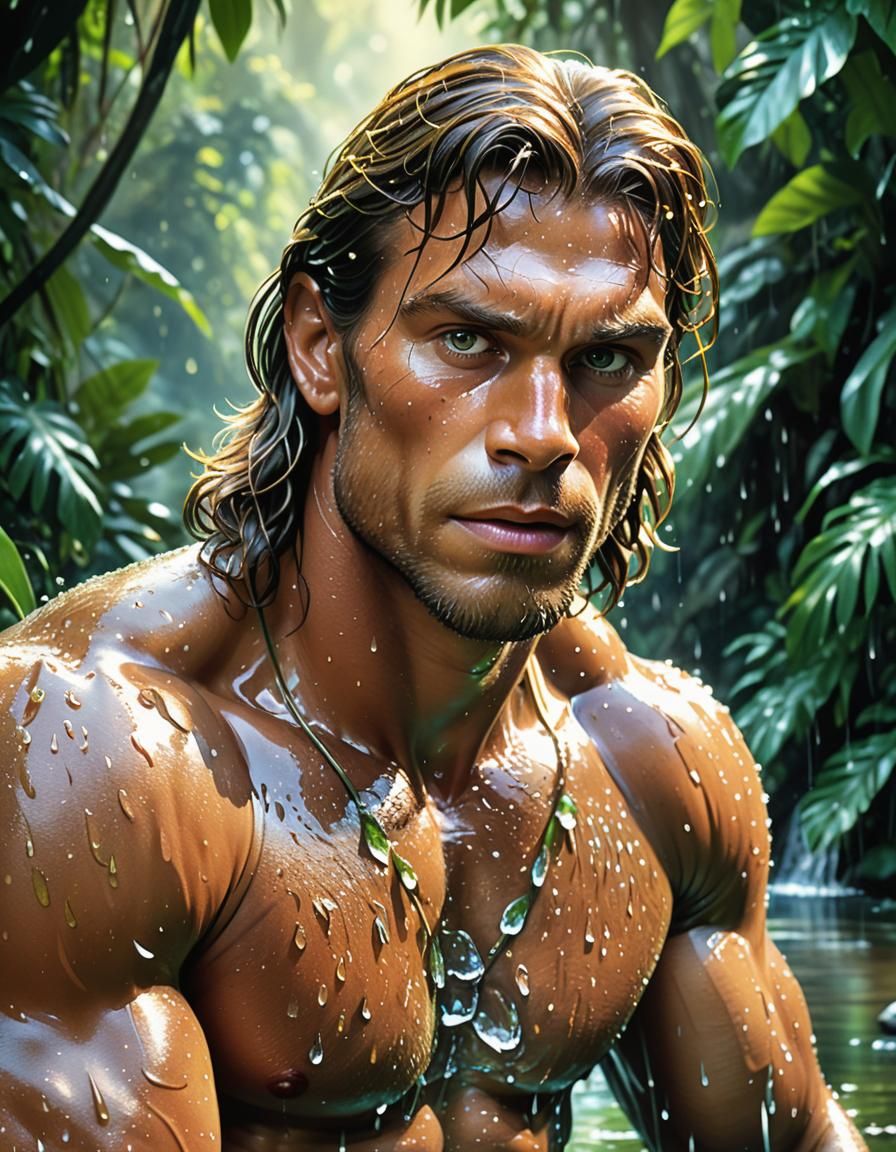 Tarzan Washes in Jungle River: Hyper-Realistic Digital Art