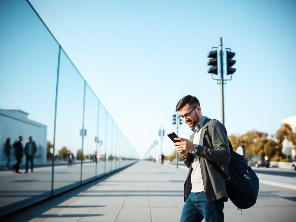 Man Walking in Contemplation of Modern Life