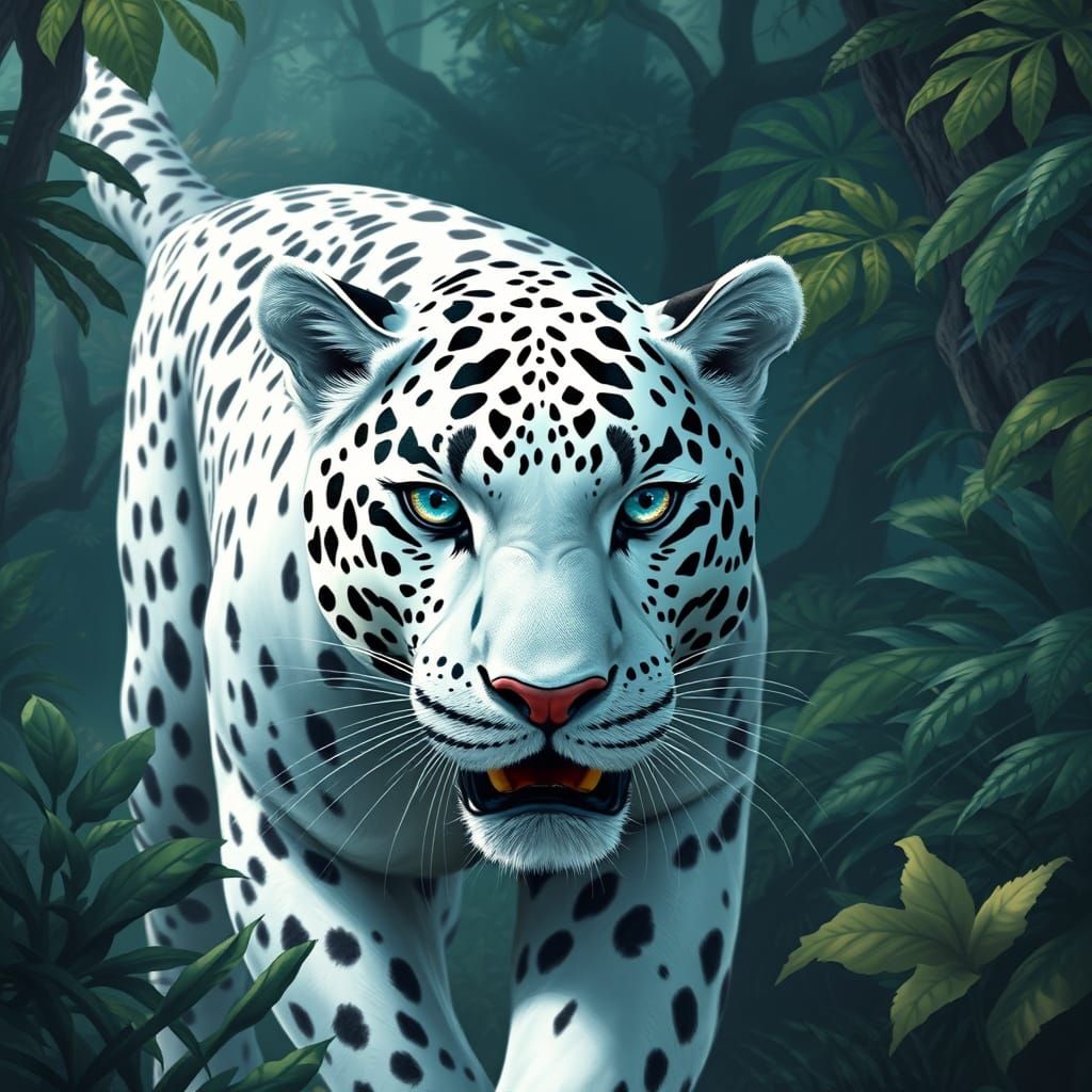 Albino Jaguar in Lush Rainforest, Surreal Style