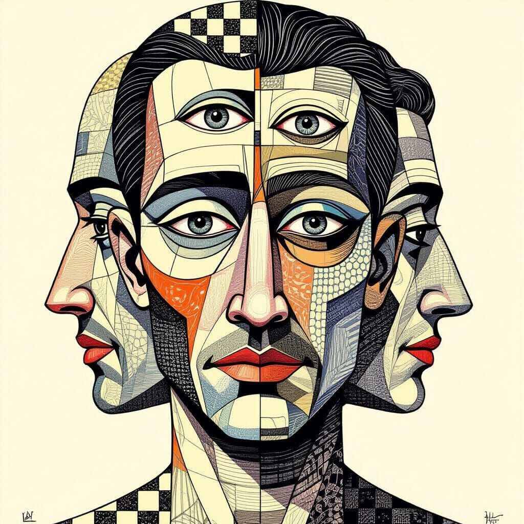Cubist Head Illustration in Pen and Ink Style