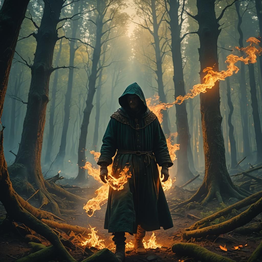 Hooded Figure Ablaze in Mystical Forest: Rembrandt Style
