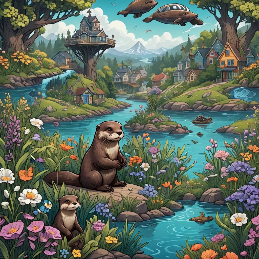 Fantasy Otter in Spring Ocean, Detailed Matte Painting