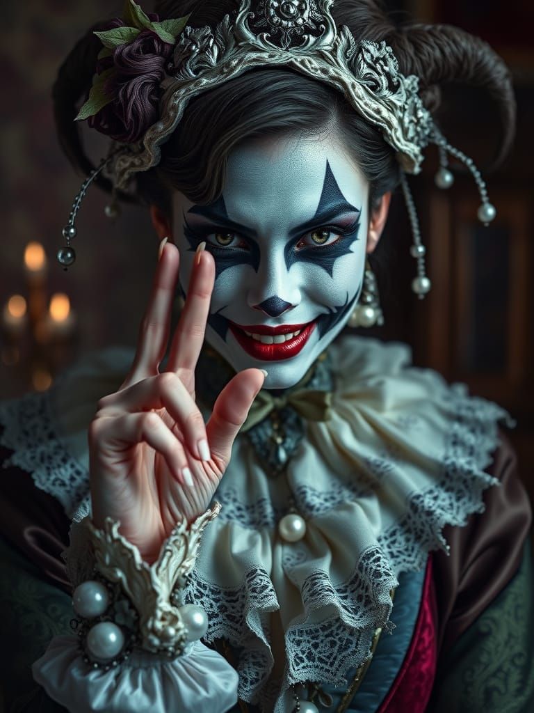 Harlequin Woman in Victorian Attire Commands Silence