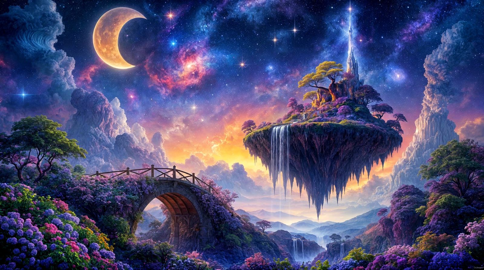 Fantasy Garden Under Cosmic Night Sky