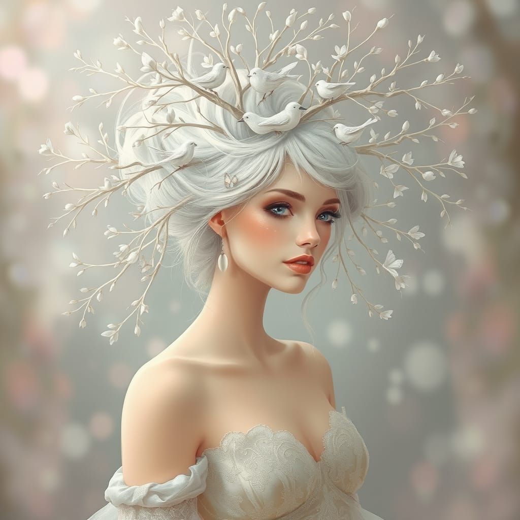 Ethereal Woman Adorned with Birds and Branches