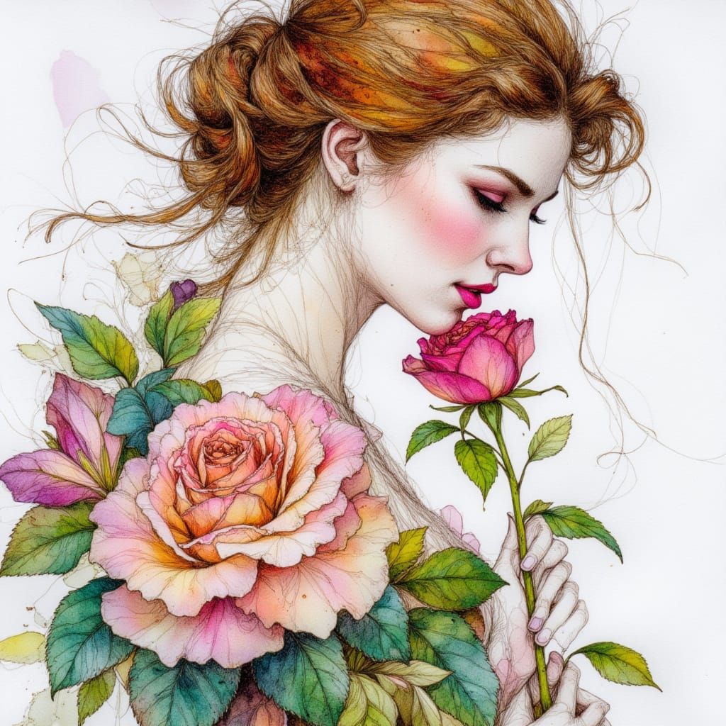 Belle with Rose: Intricate Pen and Ink Drawing