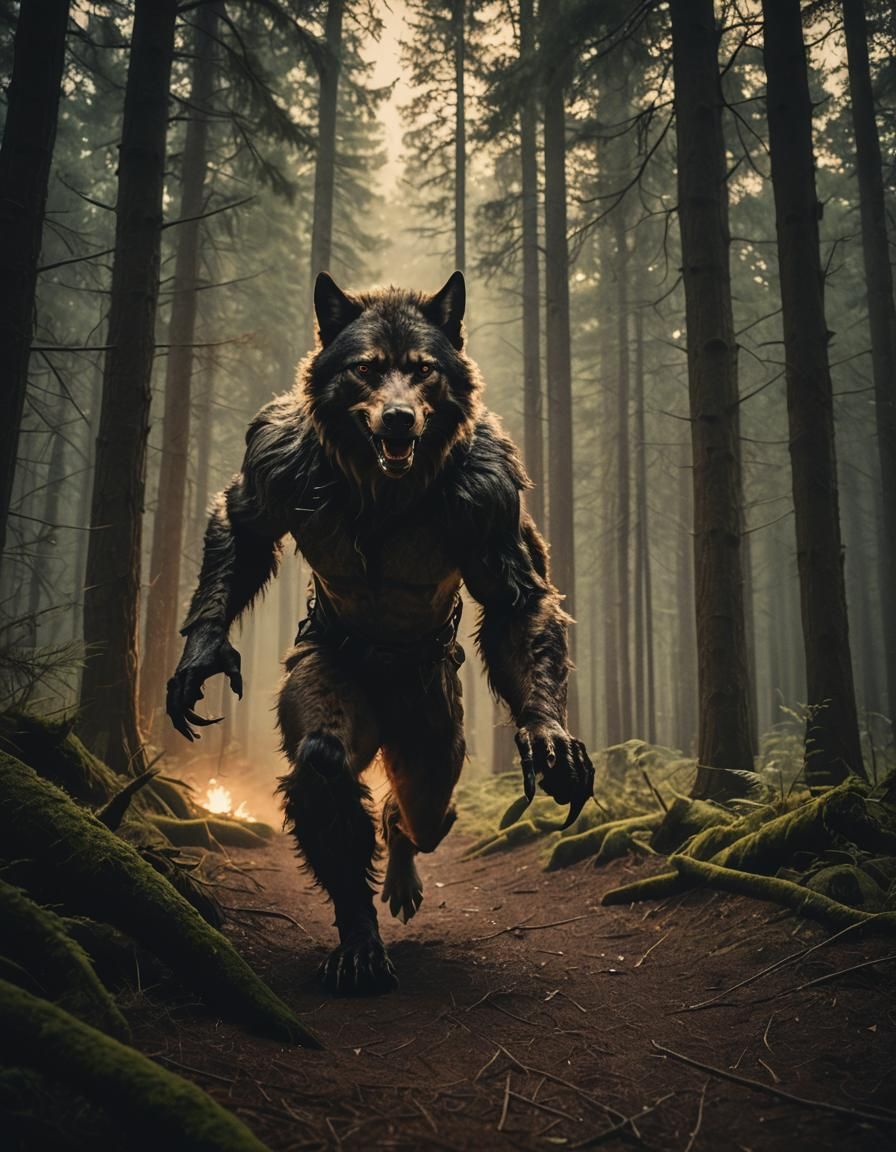 Epic Werewolf Runs Through Forest Under Moonlit Sky