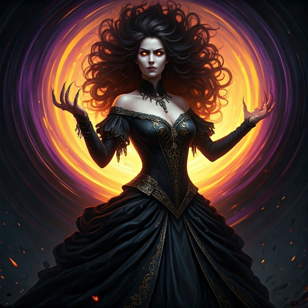 Evil Witch Casting Spell in Art Nouveau Style