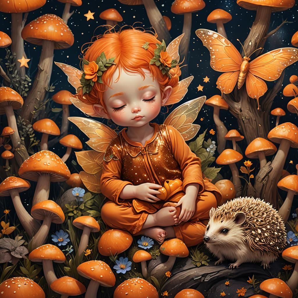 Orange Fairy Asleep in Fairy World, Digital Art