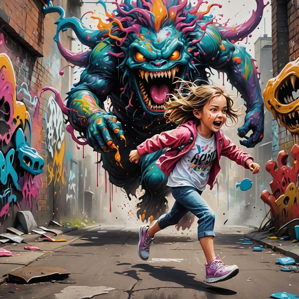 Girl Runs From Monster in Graffiti Street Art