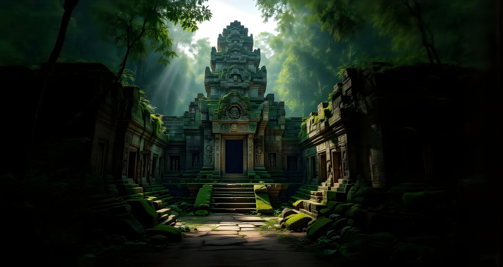 Mayan Temple in Jungle Opening at Midday