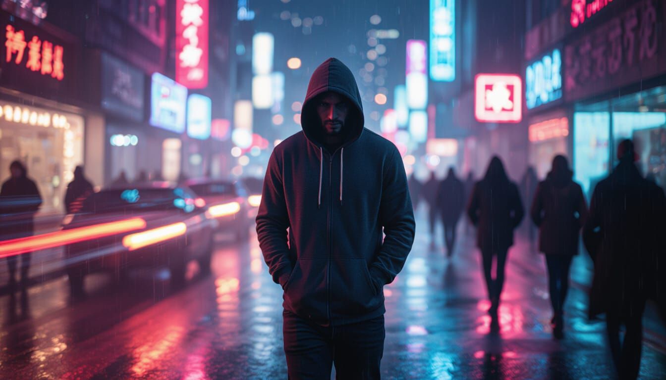 Man Walks Through Neon City Street in Cyberpunk Style