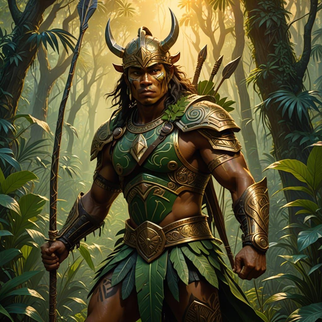 Tribal Warrior in Jungle Clearing, Art Nouveau Illustration