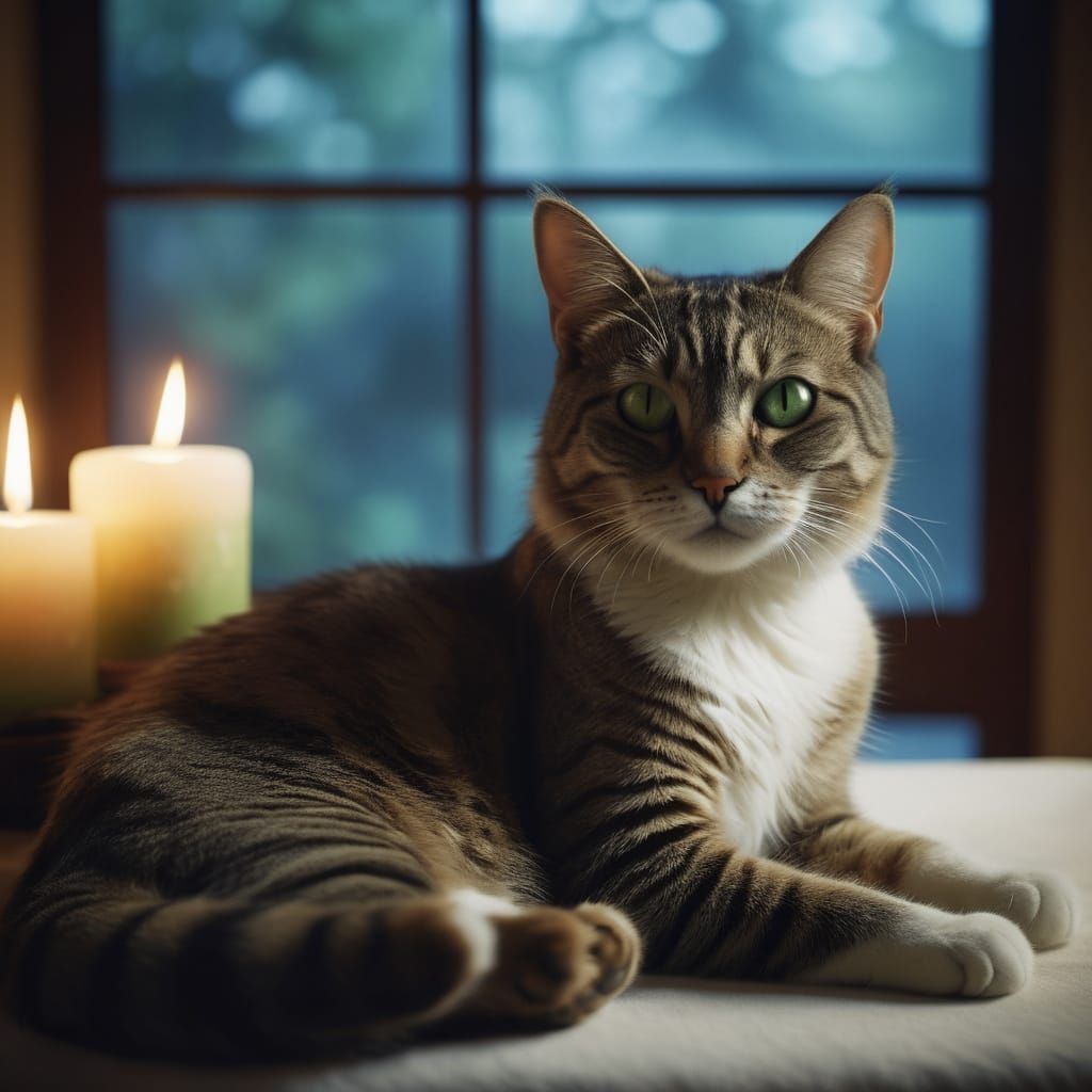 "An anthropomorphic cat with sleek olive-green fur, expertly performing a massage. With a serene and focused expression,...