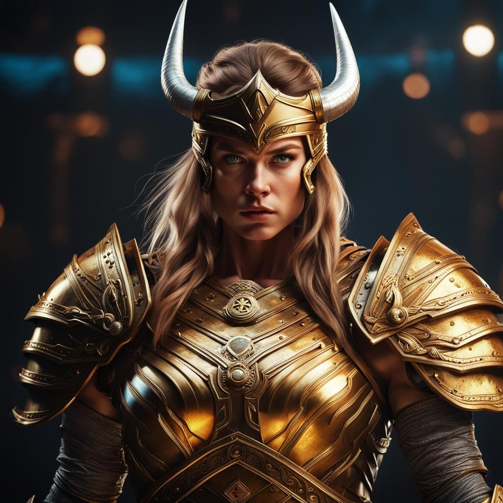 Furious Valkyrie in Golden Armor, Hyperrealistic Concept Art