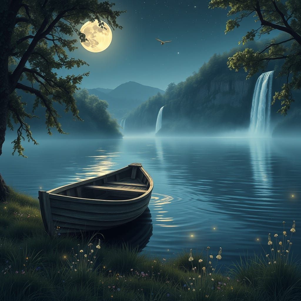 Ethereal Moonlit Riverscape with Majestic Trees and Waterfal...