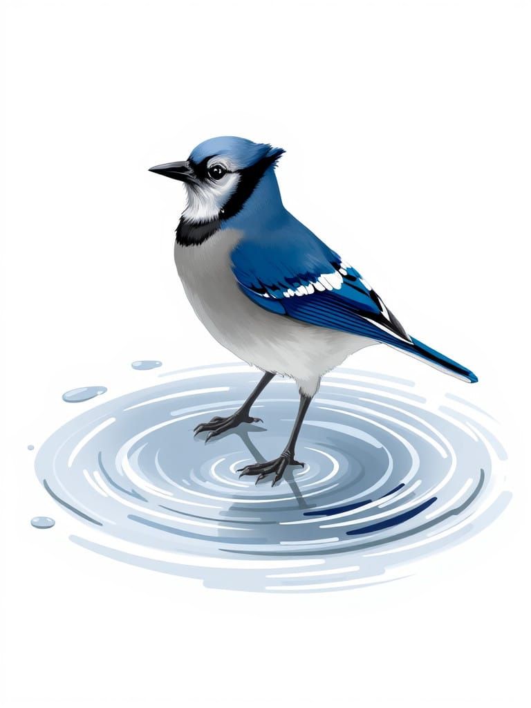 Graceful blue jay dances on shimmering water